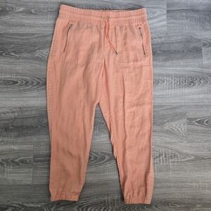 Athleta Women Joggers Pants 14 Orange Cabo  100% Linen Drawstring Zipper Pockets